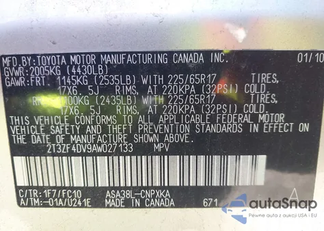 2010 Toyota Rav4 z USA, uszkodzony, nr VIN 2T3ZF4DV9AW027133